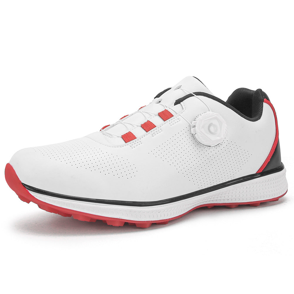 White and red X556 spikeless golf shoe, perforated synthetic leather upper, side dial closure, red nubbed rubber sole