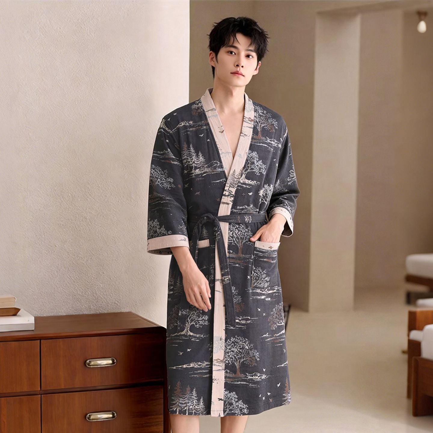 Cotton Gauze Bathrobe for Home and Spa | front view product hero shot