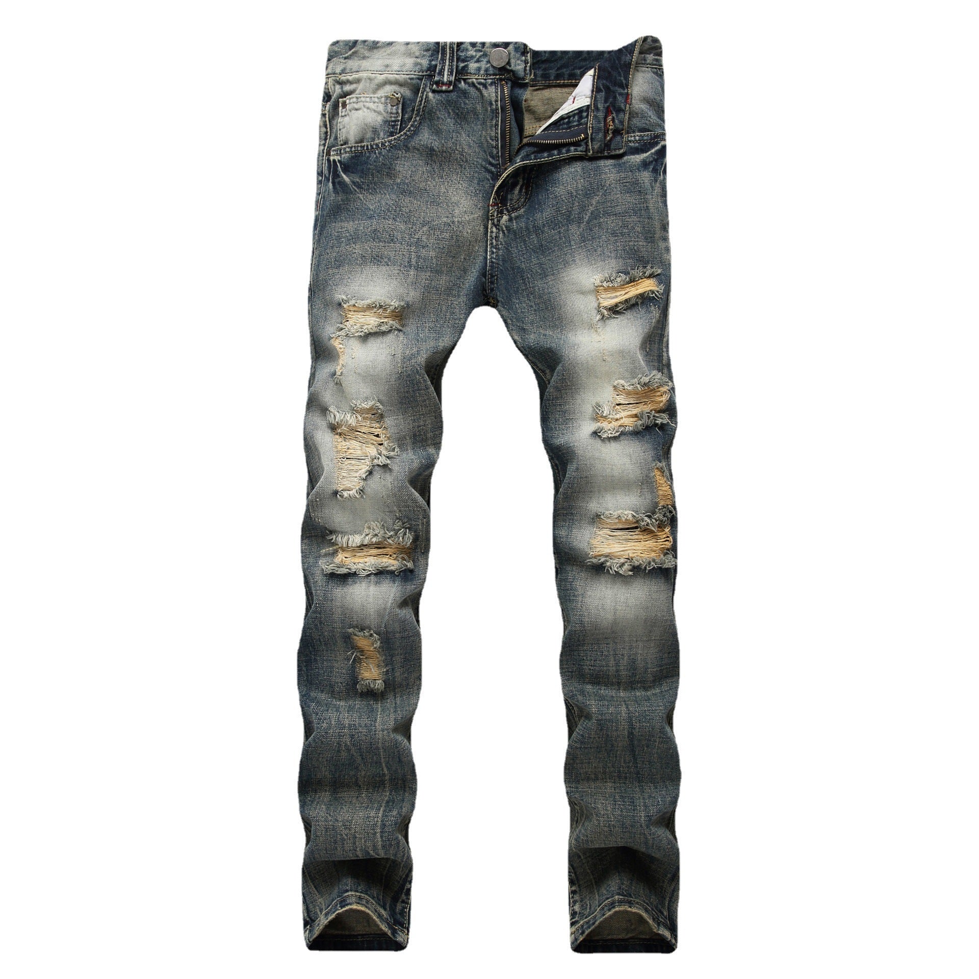 Men's straight fit denim jeans side profile showing the even straight leg line