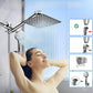 Chrome finish shower combo set, flat square rain panel above a round handheld on its cradle