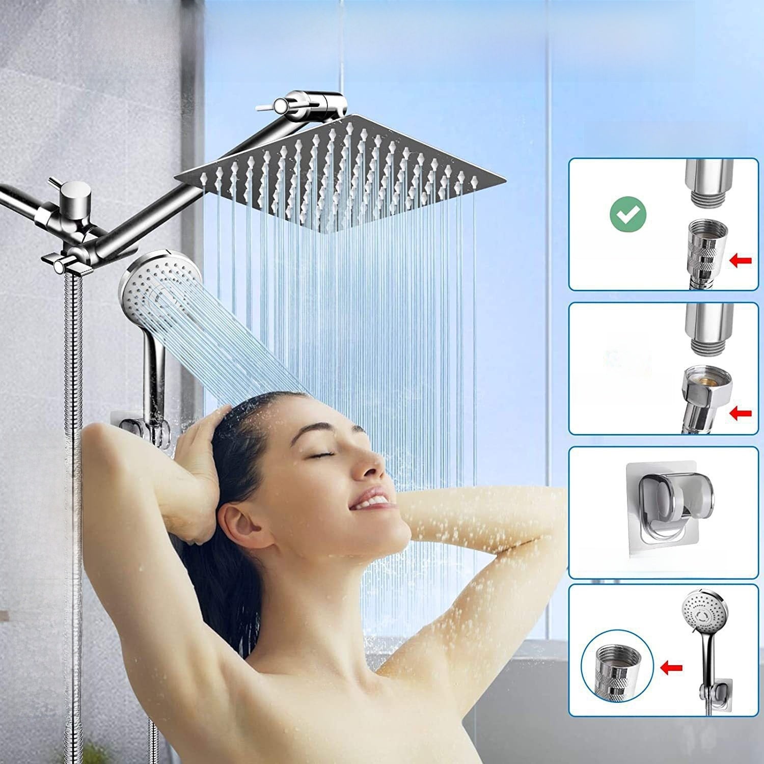 Chrome finish shower combo set, flat square rain panel above a round handheld on its cradle