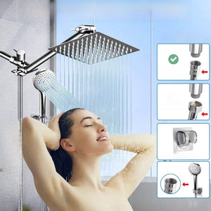 Chrome finish shower combo set, flat square rain panel above a round handheld on its cradle