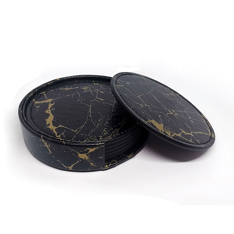 Black and gold marble PU leather round coaster set with a holder