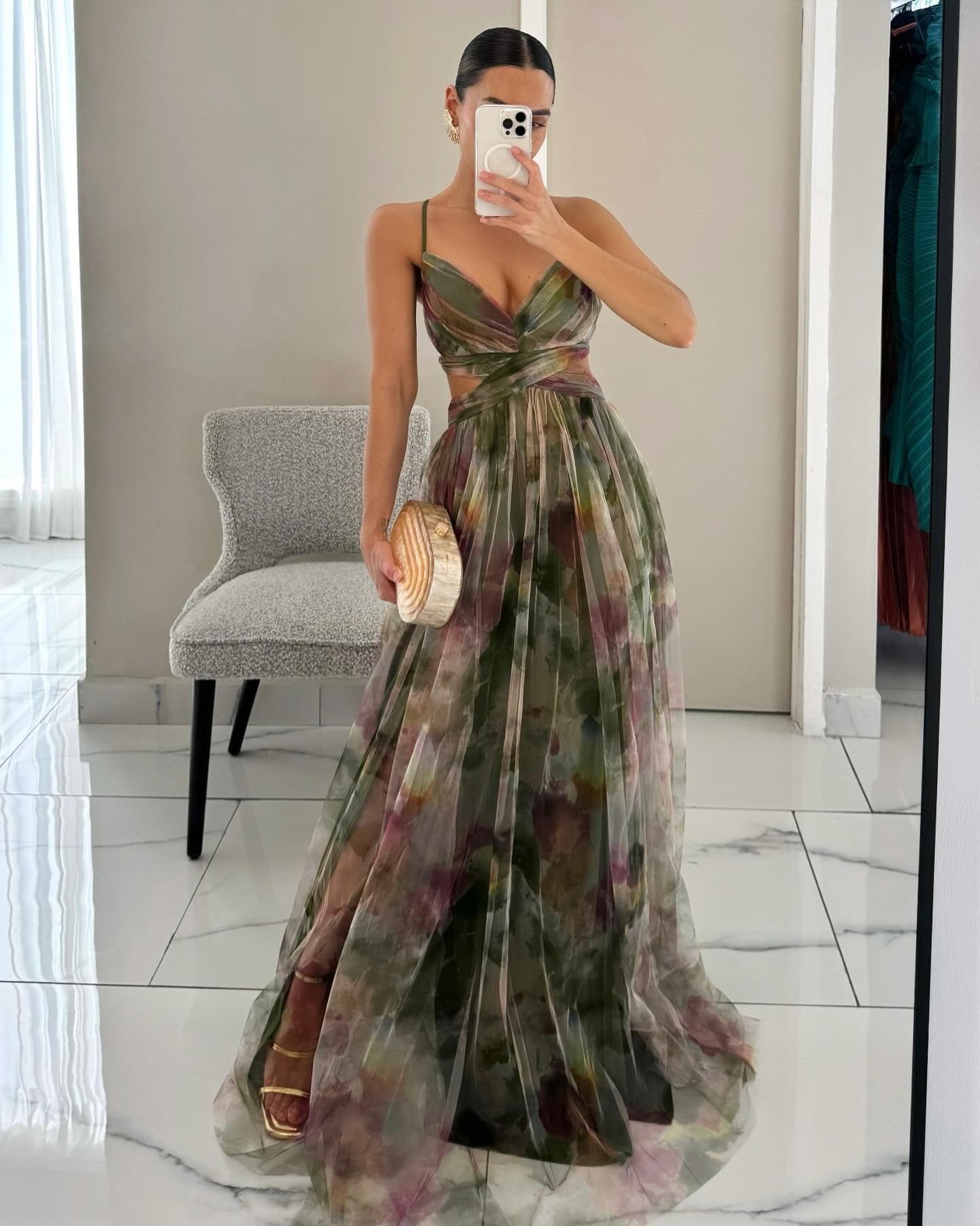 Mesh print sling maxi dress photographed on a clean studio background