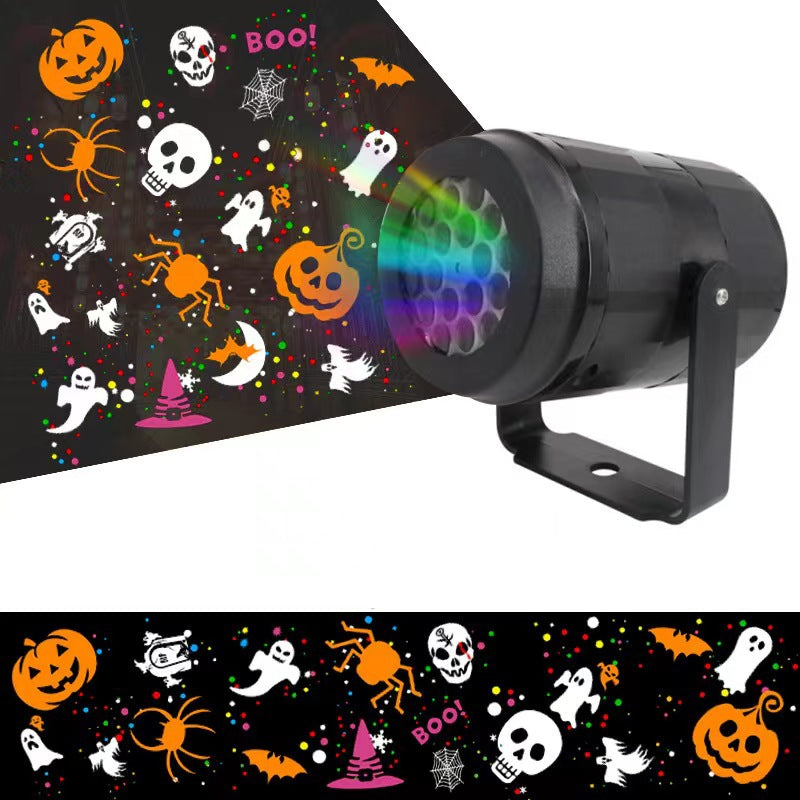 Black LED Halloween projector lamp casting orange ghosts and pumpkins in colored light