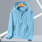 Sky blue hooded zip jacket with front zip and slanted zip pockets on a hanger