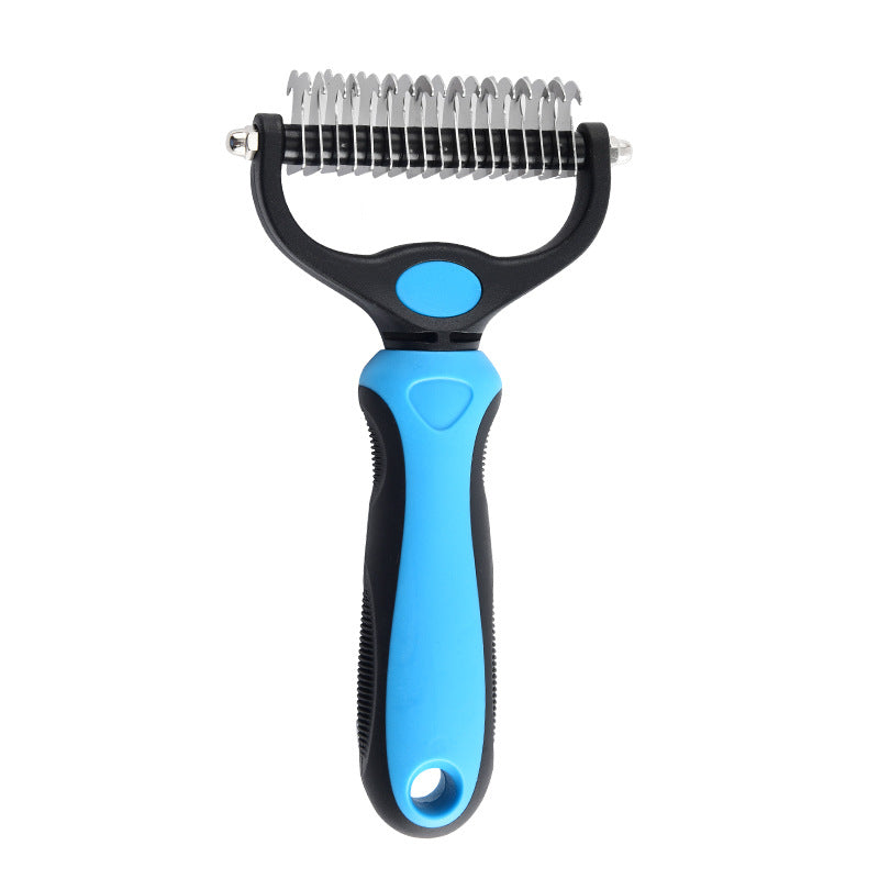Orange double sided pet dematting and detangling comb with stainless blades and TPR handle