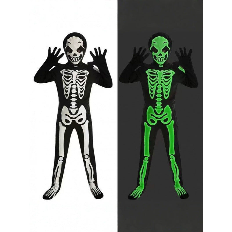 Black skeleton jumpsuit with a skull hood and gloves, glowing green, Fine eyebrows option, 140cm