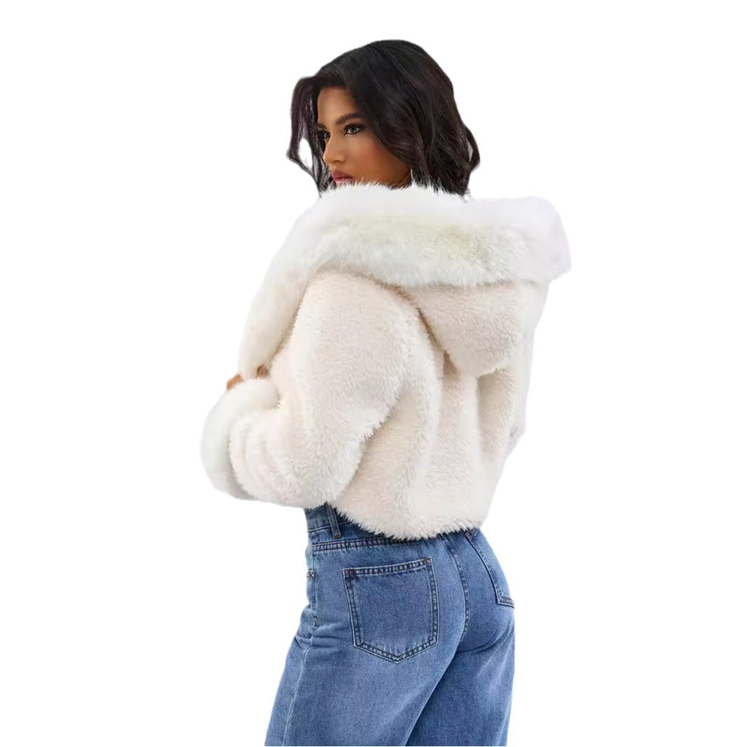 Front view of the white faux fur jacket with fur trimmed hood front edges and cuffs