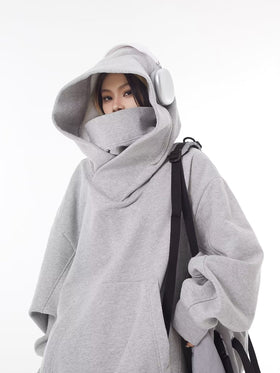 Oversized Hooded Sweatshirt with High Stand Collar