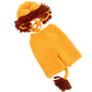 Orange knit lion costume set, a maned bonnet with ears and shorts with a tasseled tail