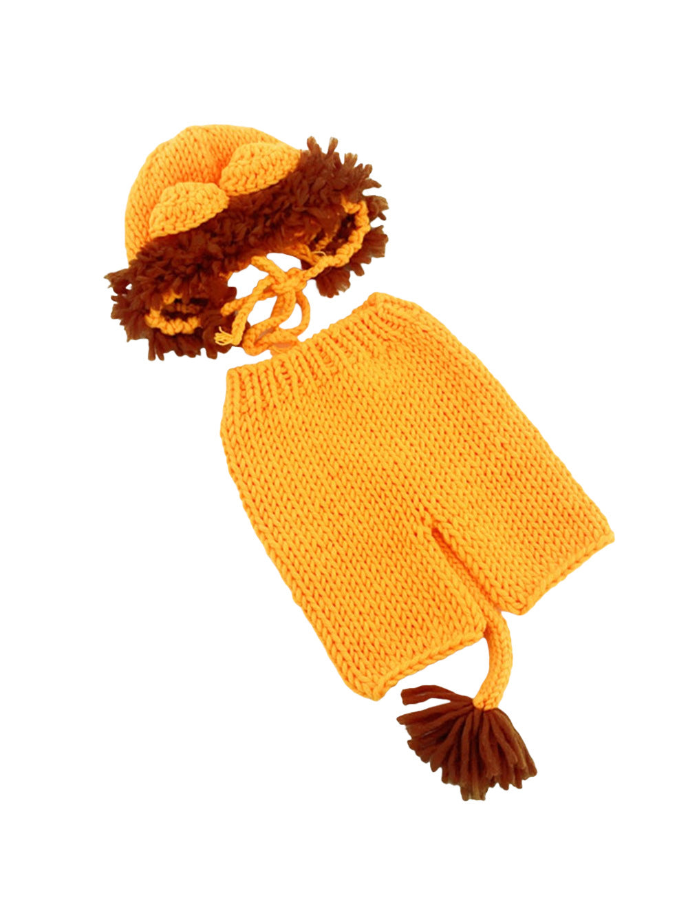Orange knit lion costume set, a maned bonnet with ears and shorts with a tasseled tail