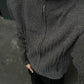 Close-up of the high stand collar, metal zipper pull and ribbed chest panel of the gray knit cardigan