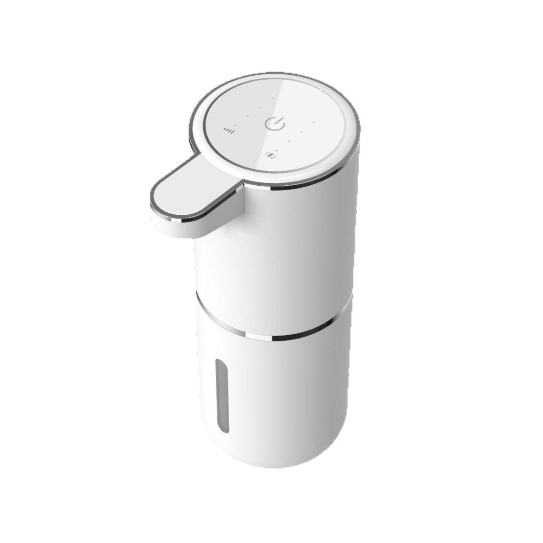 White ABS touch free foaming soap dispenser with silver ring and tank window