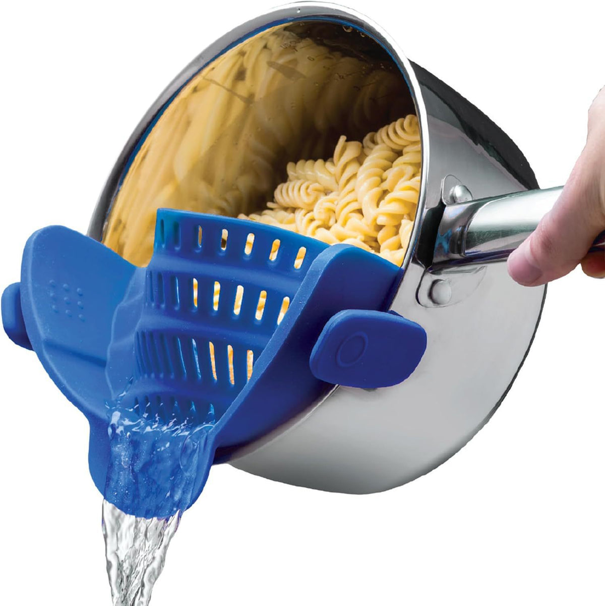 Blue silicone clip-on pot strainer, variant photo, clipped to a pot held by hand with water draining