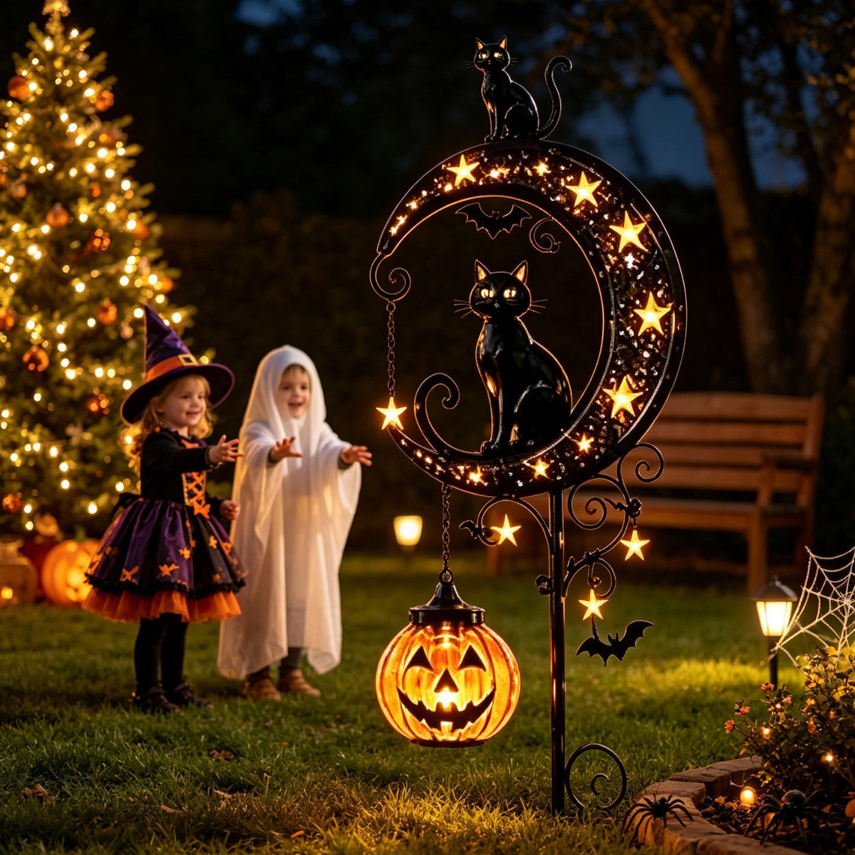 Solar garden stake light with pierced iron stars and pumpkin lanterns glowing in the yard