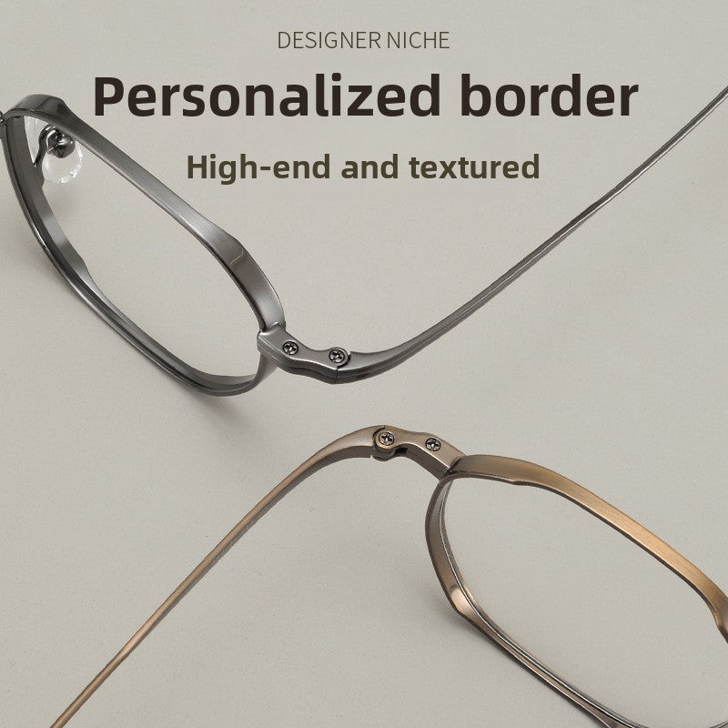 Titanium eyeglasses frame paired with a daily outfit, head and shoulders view