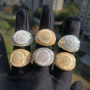 Zircon hip hop ring front view, faceted stones set across a wide band