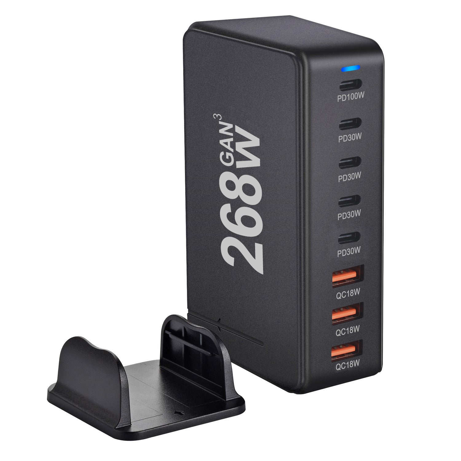 GaN charging station showing a PD100W USB C port above four more USB C and three USB A ports
