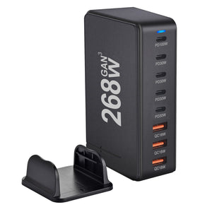 GaN charging station showing a PD100W USB C port above four more USB C and three USB A ports