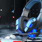 Front view of black gaming headset with red accents and boom microphone