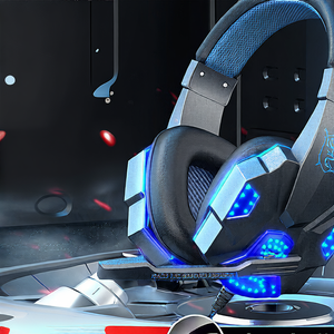 Front view of black gaming headset with red accents and boom microphone