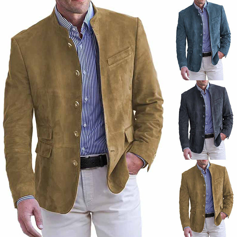 Mens brushed vegan suede single breasted jacket with a stand collar and five buttons
