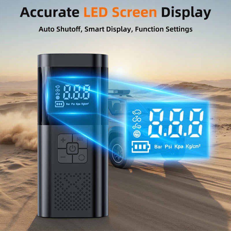 Black cordless air pump with an LED pressure screen shown against a desert driving scene