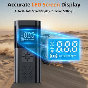 Black cordless air pump with an LED pressure screen shown against a desert driving scene