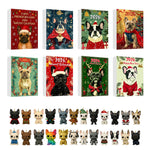 Eight French Bulldog advent calendar cover designs above a row of twenty-four costumed dog ornaments on white