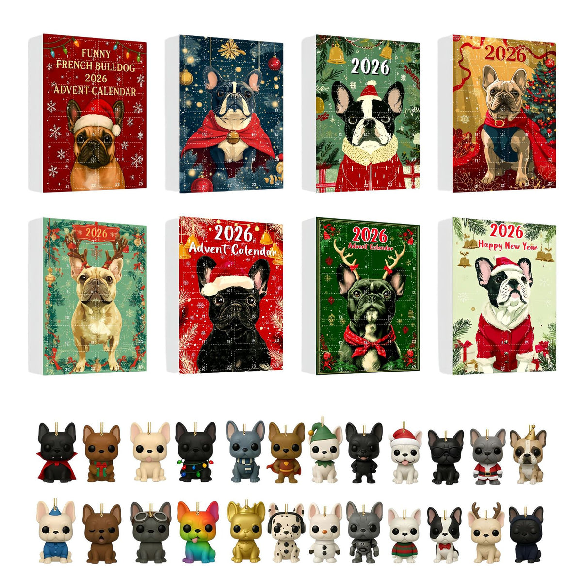 Eight French Bulldog advent calendar cover designs above a row of twenty-four costumed dog ornaments on white