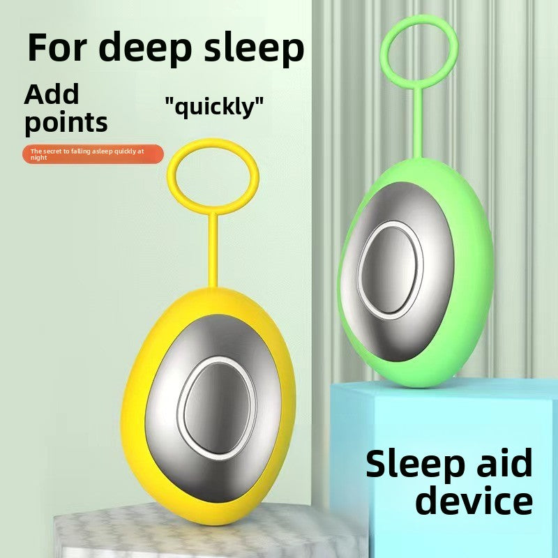 Yellow and light green handheld microcurrent sleep aid devices displayed on pedestals