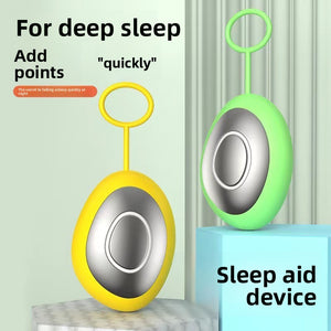 Yellow and light green handheld microcurrent sleep aid devices displayed on pedestals