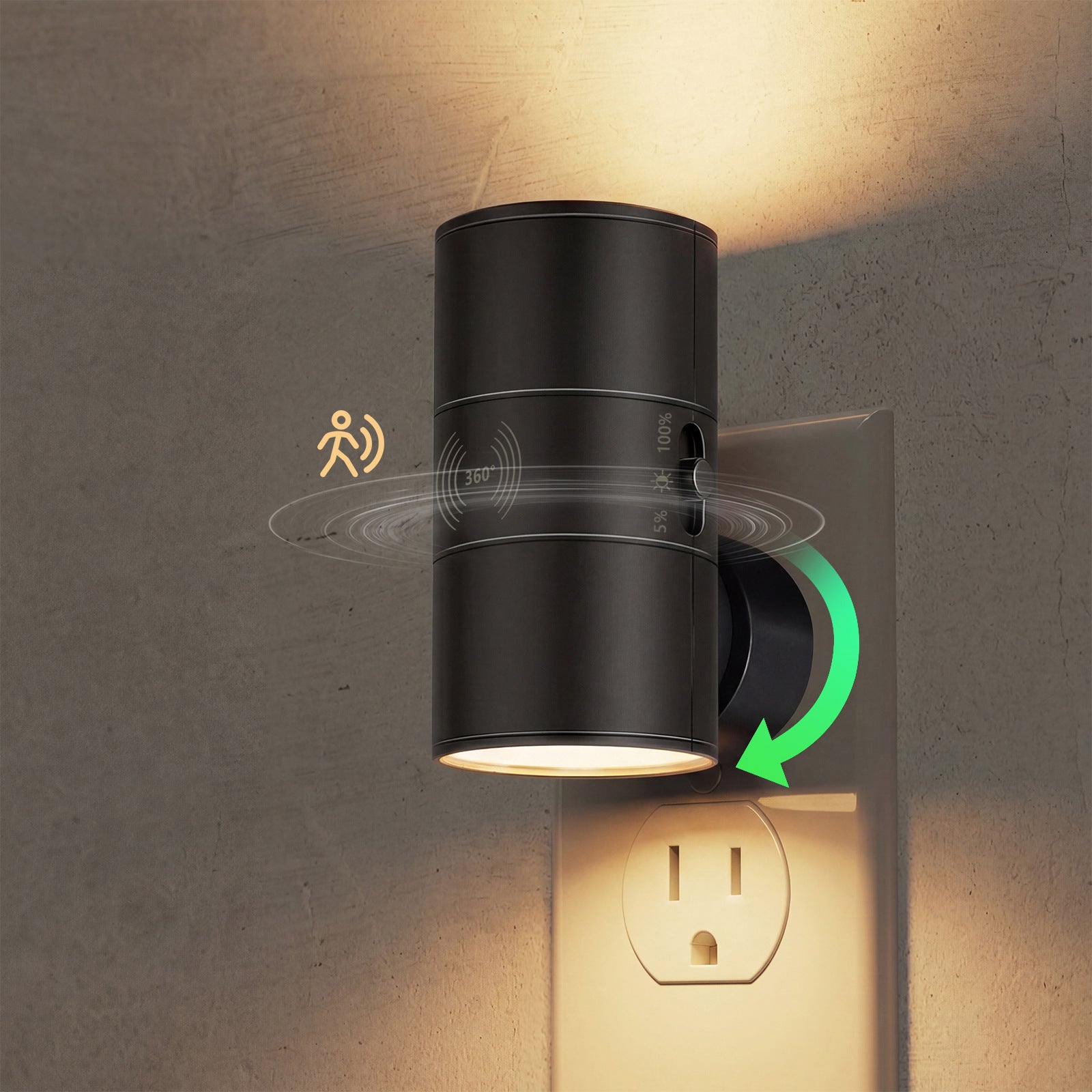 Acrylic clear plug in LED night light in a wall outlet with a warm glow