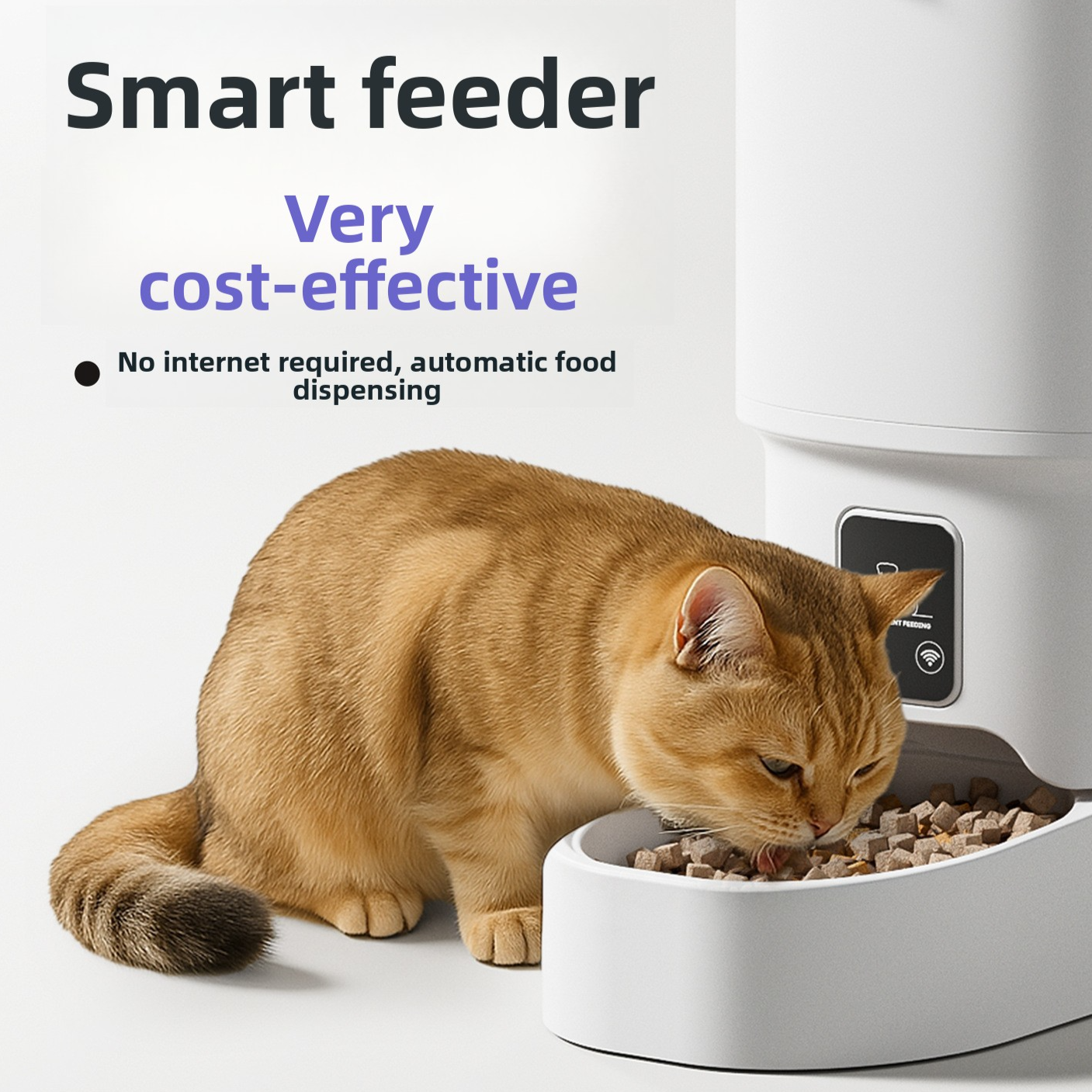 Pet food dispenser feeder side profile showing tall tank and dispensing tray