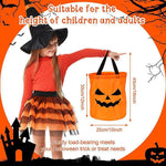 Child in a witch hat pointing at an orange LED pumpkin party bag beside a chart marking 30 by 25 centimetres
