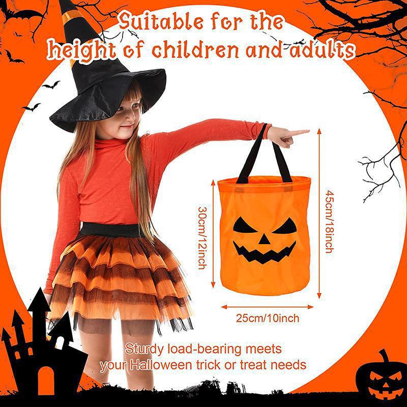 Child in a witch hat pointing at an orange LED pumpkin party bag beside a chart marking 30 by 25 centimetres