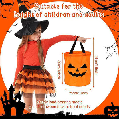 Child in a witch hat pointing at an orange LED pumpkin party bag beside a chart marking 30 by 25 centimetres