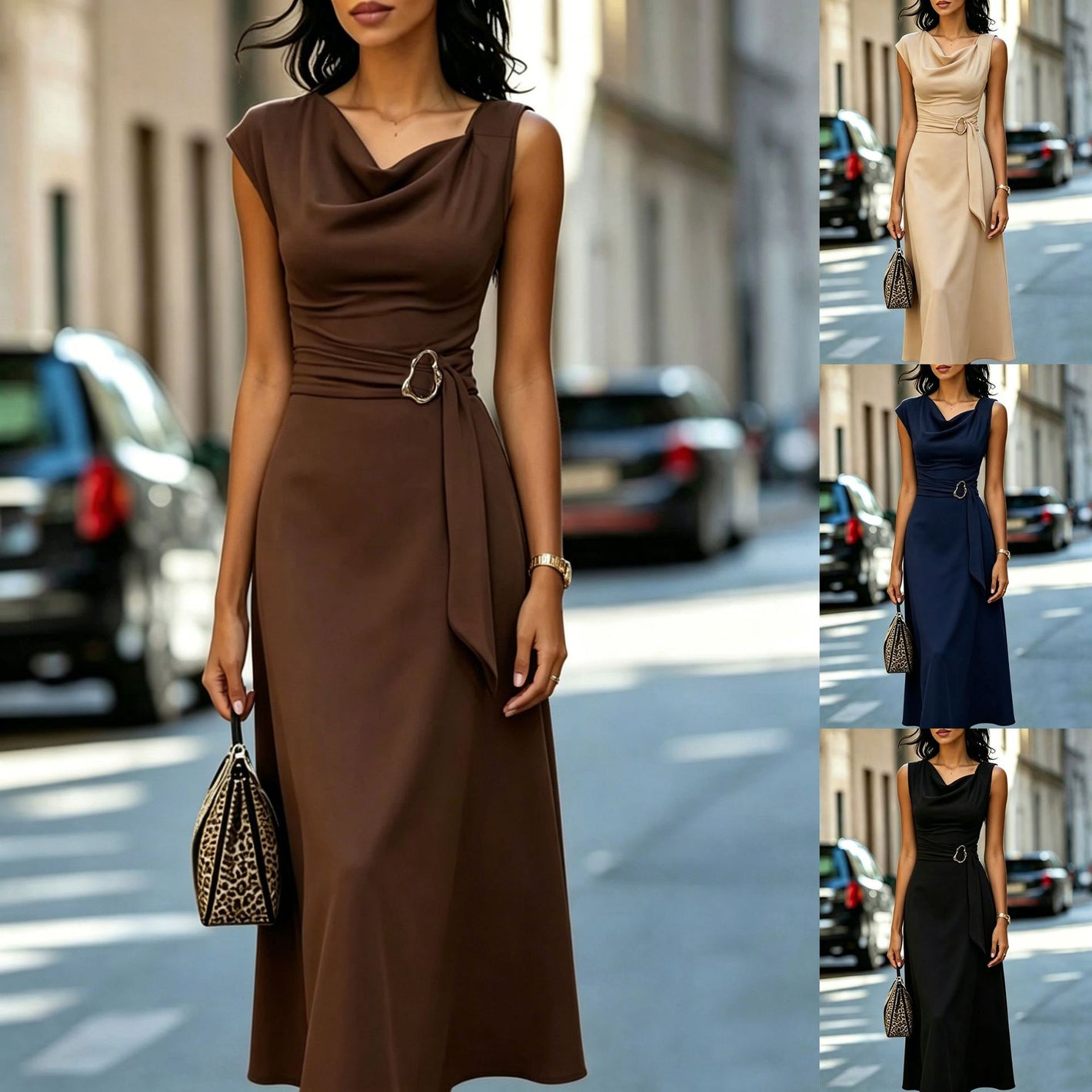 Asymmetrical tie-waist A-line dress shown in four colors with a draped neckline and ring waist