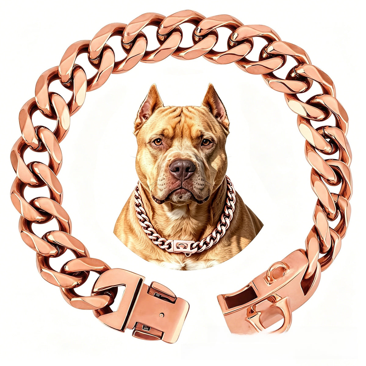 Wide stainless steel chain dog collar with a secure buckle clasp on a plain white background