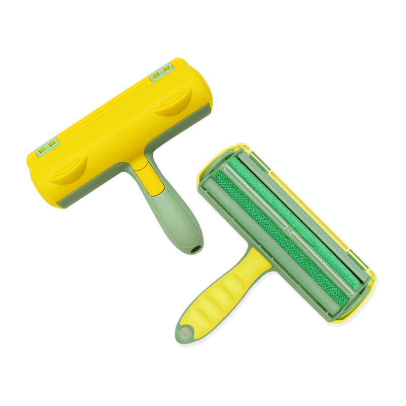 Two pet hair rollers with yellow lids and mint green handles, one with the lid closed and one open showing the green roller