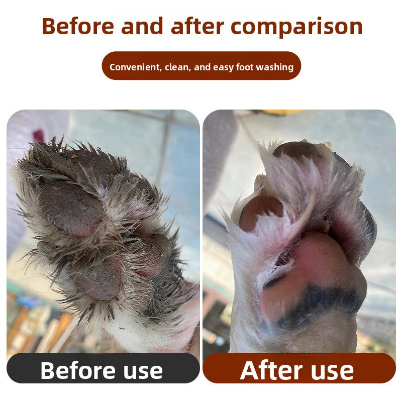 Before and after photos of a dog paw, muddy on the left and clean on the right, after a paw wash
