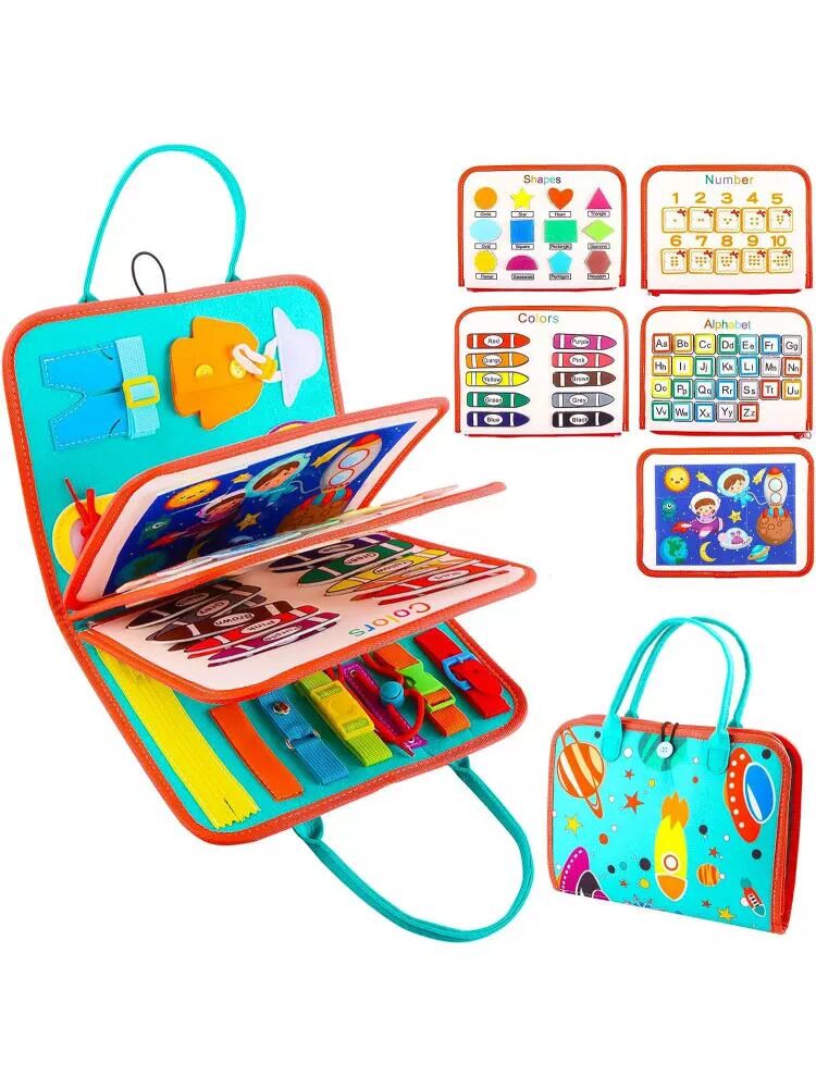 Child placing felt pieces on a learning page of the busy book