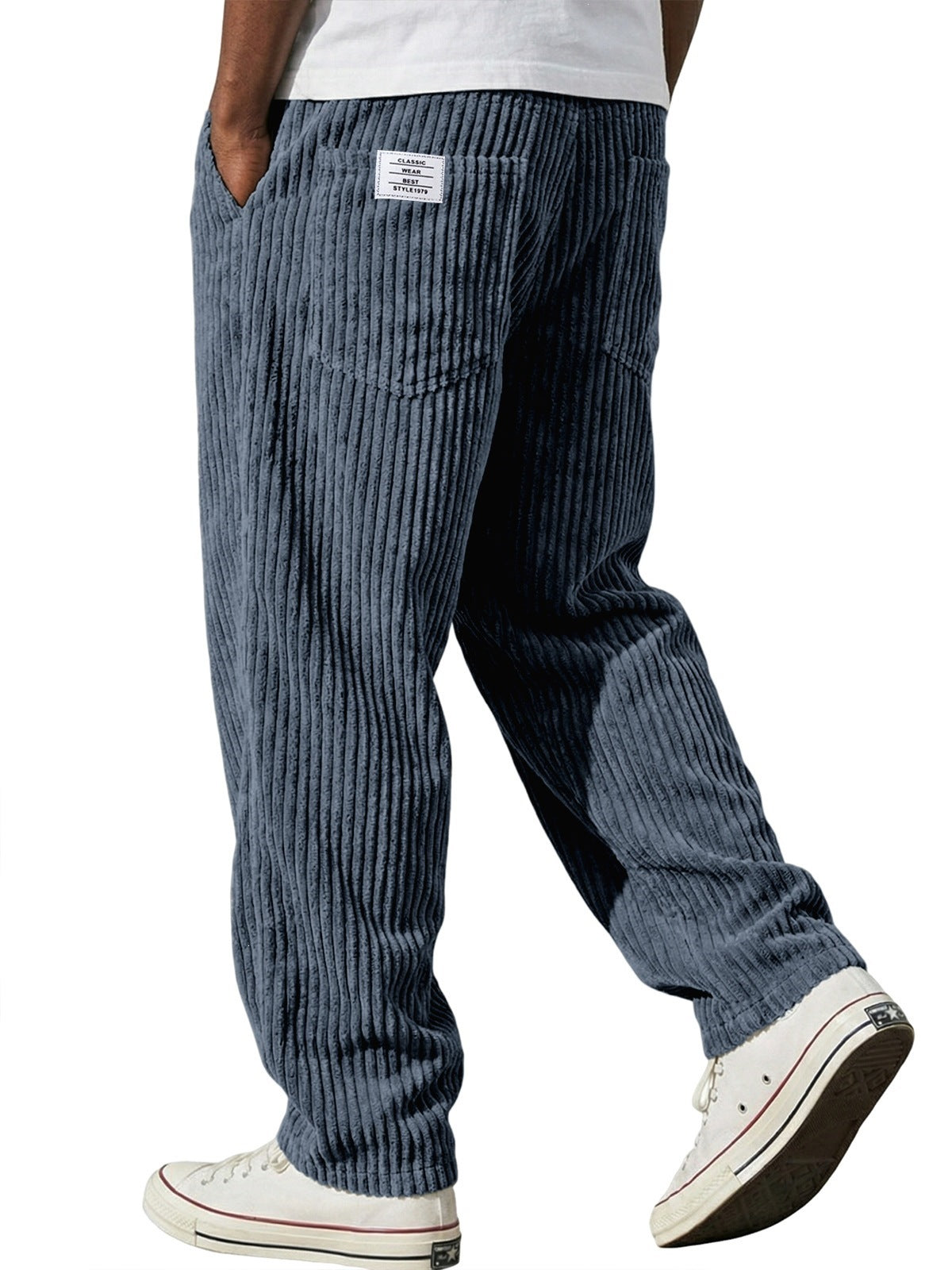 Full length front view of the wide wale corduroy trousers in a solid color