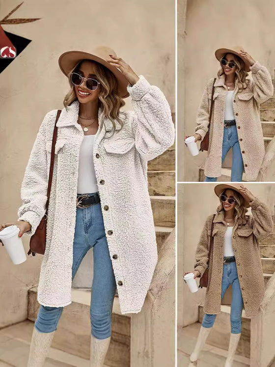 Womens Plush Fleece Button Front Long Coat