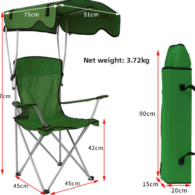 Large Green Regular option: green camping chair drawing with canopy 75 x 51 cm and folded size 90 x 15 x 20 cm