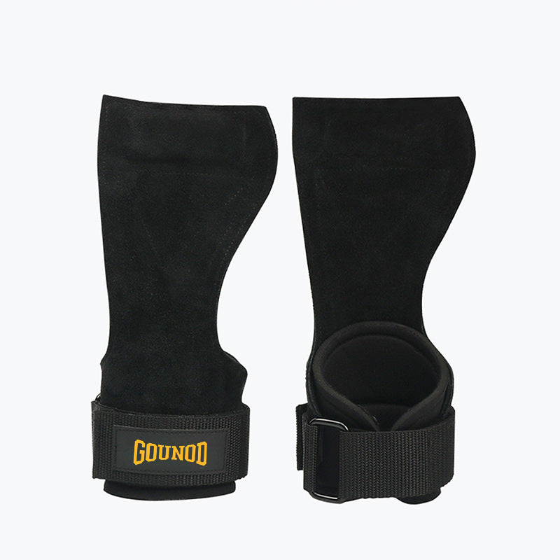 Suede cowhide leather gym hand grips with a padded wrist strap