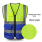 Mesh reflective work vest, fluorescent yellow top with royal blue lower half and flap pockets