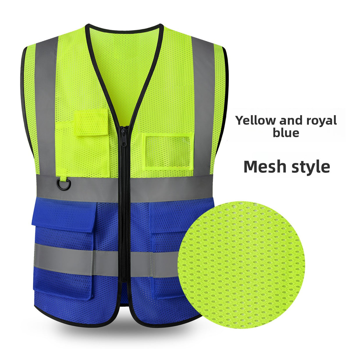 Mesh reflective work vest, fluorescent yellow top with royal blue lower half and flap pockets