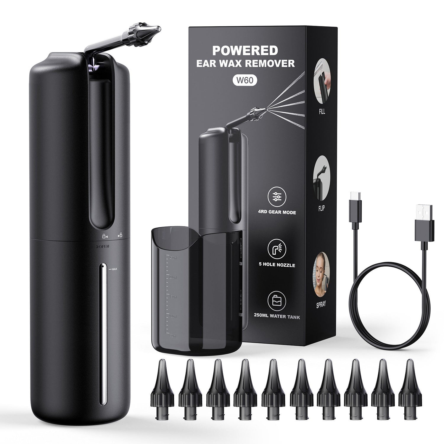 Compact black W60 ear wash cleaner with 250 ml tank, ten soft nozzle tips and USB-C cable